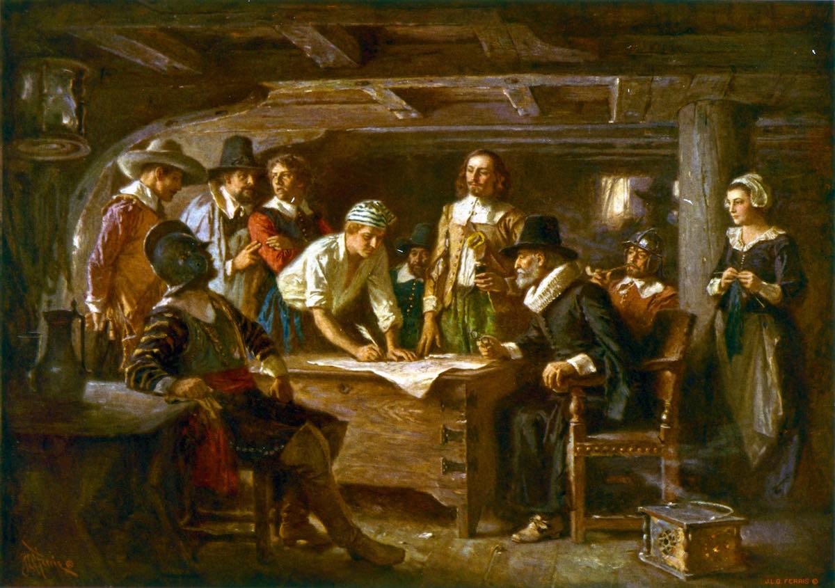 Signing the Mayflower Compact 1620, Jean Leon Gerome Ferris, 1899